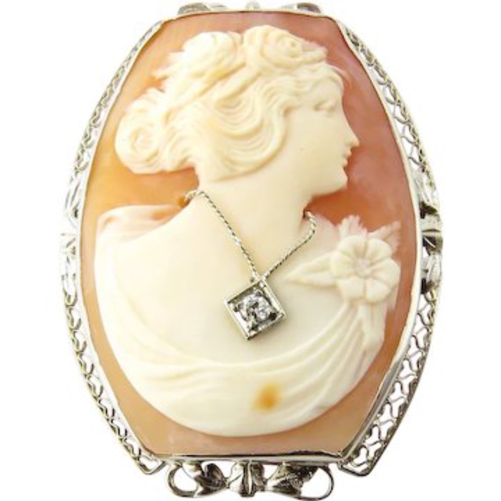 Vintage 14 Karat White Gold And Diamond Cameo BroochPendant 3348 783$
